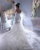 Plus Storlek Bröllopsklänningar Fancy Lace Bridal Gowns With Sleeves Illusion Tiered Mermaid Long Train Dress for Weddings