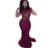 Satin Lace Aplikacje Zroszony Prom Dresses Backless Mermaid Burgundy Sexy Długie Suknie Wieczorowe 2017 Vestido de Noche Sweep Pociąg Wykonany