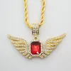 Full CZ Iced Out Angel Wings Red Ruby Pendant Necklace Gold Plated Hip Hop Bling Bling 30inch Rope Chian Jewelry
