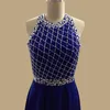 Saoedi-Arabië Royal Blue Prom Dresses Halter Hals Mouwloze Criss-Cross Terug Een lijn Real Simple Crystal Beaded Chiffon Evening Feestjurk