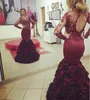 Burgundy Rose Flower Train Evening Dresses Long Sleeve Mermaid Open Back Party Dresses Illusion Neck Lace Sequins 2017 Pageant Prom Dress