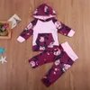 Nyfödd baby flicka kläder uppsättning vår höst tecknad blomma hooded t-shirt + blommiga byxor 2st lila tryck barn tjejer kläder uppsättningar