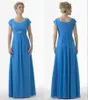 Simple Blue Long Modest Bridesmaid Dresses With Short Sleeves A-line Chiffon Beach Formal Wedding Party Dresses Custom Made Fast Ship