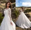 Elfenben tyll prinsessa bröllopsklänningar strass applikationer v-ringning långa ärmar brudklänningar för Dubai Saudiarabien vestido de novia