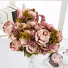 Hem Dekorativa Blommor Europeisk Konstgjorda Silk Blommor Kina 13 Brancher Fall Fake Levande Peony För Bröllopsfest Dekoration