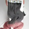 Cinza / rosa extensões de cabelo Ombre cabelo virgem brasileiro 40 pcs 100g fita de tramas da pele do corpo brasileiro onda em extensões de cabelo humano