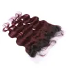 Vinröd Ombre Brasiliansk Virgin Human Hair Wefts Med Front Body Wave 1B / 99J Burgundy Ombre Lace Frontal Stängning 13x4 med buntar