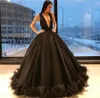 Арабский сексуальный балковый платья Black Backless Black Tulle выпускные платья длинные Ruched Deep V-образные вырезывающие вечеринки Prom Prom Prom Thumbs