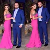 Fuchsia 2017 Lange Bruidsmeisje Jurken Off Shoulder Beaded Collar Mermaid Avondjurken Terug Rits Sweep Train Custom Made Party Jurken