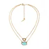 Fashion Wholesale Costume Jewelry Gold Plated Alloy Double Layer Irregular Gemstone and Rhinestone Charm Pendant Necklace for Women