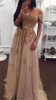 2018 New Sexy Cheap Prom Dresses Off Shoulder Cap Sleeves Gold Lace Crystal Beaded Champagne Tulle Long Formal Party Dress Evening Gowns