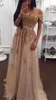 Sexy 2018 New Cheap Prom Dresses Off Shoulder Cap Sleeves Gold Lace Crystal Beaded Champagne Tulle Long Formal Party Dress Evening Gowns