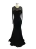 2017 New Sexy Evening Dresses Wear Jewel Neck Long Sleeves Black Lace Appliques Beaded Mermaid Prom Gowns Plus Size Formal Party Dress