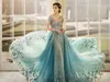 Gorgeous Crystal Elegant Evening Dress With Gloves Sheer Neckline Appliques Short Sleeves Evening Gowns See Through Mermaid Red Carpet Dress