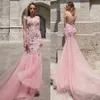 Encantador Rosa Sereia Vestidos de Renda Desgaste da Noite Sheer Bateau Pescoço Backless Prom Vestidos Tulle Feito Sob Encomenda 3D Appliqued Vestido Formal