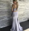 Fashion Silver Two Piece Mermaid Prom Dresses One Shoulder Single Long Sleeves Satin Evening Gowns Graduation Dresses Party Dresses