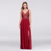 NEW! Illusion Front Slit V-Neck Lace and Chiffon Bridesmaid Dress W11104 Wedding Party Evening Formal Gowns