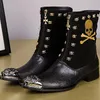 Luxe Hommes Loisirs Bottes En Cuir Designer Metal Toe Charm Crâne Motif Mi-mollet Mode Bottes Moto Chaussures Homme!