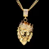 Personalized Crown Lion Head Pendant Necklace for Men Long Chain Necklace 14K Gold Plated Rhinestone Hip Hop Jewelry Party Gift