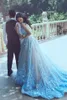 Ice Blue Princess Prom Dresses With Long Train Appliques Sash Tulle Special Occasion Dresses Evening Wear Said Mhamad Bridal Gowns Vestidos