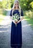 2018 Country Bridesmaid Dresses Long For Weddings Navy Blue Chiffon Short Sleeves Illusion Lace Beads Floor Length Maid Honor Gowns CPS572