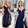 Deep V-образным вырезом Сексуальные платья подружки невесты 2017 Мода Royal Blue Blue Side Split Chiffon Long Свадьба Платье Платье на молнии Молния Платья Без спинки