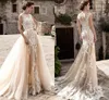 2016 Robes de mariée modestes avec jupe détachable Sexy Sheer Lace Applique Jewel Neck Champagne Une ligne Illusion Camo Robes de mariée Long Train