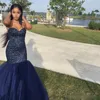 Luxe marineblauw backless 2k17 prom jurken lieverd mouwloze mousserende kralen paar mode zeemeermin avondjurk met korset terug