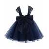 2017 Vintage Navy Blue Lace And Tulle Tea Length Flower Girl Dresses For Wedding Cheap Big Bow Sash Birthday Party Gown Custom EN9088