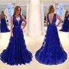 Jurken elegante vneck mouwloze avondjurk Royal Blue Lace Appliques Sexy hoogwaardige prom -jurk Vestidos de Baile de Formatura