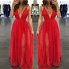 Mergulhando com decote em v sem costas vestido de baile todo tule vermelho até o chão cintas de espaguete praia moda cruz boêmio longo vestido de noite fo9710349