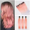 Ombre Rose Gold 13*4 Full Lace Band Frontal Closure With Brazilian Virgin #1B Rose Pink Human Silk Straight Hair Bundles Double Down Wefts