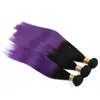 Preto e roxo Ombre Virgem Brasileira Humano Humano 3 Pcs Sedosa Reta Tece Extensões 1B / Roxo 2tone Ombre Pacotes de Cabelo Humano Ombre