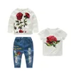 Para luva de Rosa Roupa Set Curto grandes da menina Primavera Outono meninas 3pcs + T-shirt Brasão + Jeans Pants Set Crianças Crianças Conjuntos W037