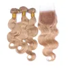 # 27 Miel Blonde 4x4 Dentelle Top Fermeture Partie Libre Avec Péruvienne Fraise Blonde Vierge Cheveux Humains Weave Bundles Vague de Corps 4Pcs Lot