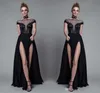 High Split 2017 Runway Fashion Show Evening Dresses Lace Sheer NeckApplique Cap Sleeve Prom Dresses Chiffon A Line Formal Party Gowns