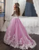 Resmi Tül Dantel Uzun Kollu Özel Sevimli Küçük Çiçek Kız Elbise Balo Kat Uzunluk Küçük Çocuklar Parti Doğum Günü Elbise 01