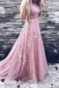 Robe de bal en tulle rose vintage avec des appliques en dentelle, col de bijoux, ceinture, manches courtes, robe de soirée formelle glamour, ligne A, robes de soirée avec train