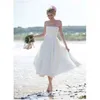 Boho sommar bohemian strand bröllop klänning en linje strapless te längd kort brud fest klänning plus storlek vestido de noiva