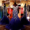 New Sexy Evening Bling Crystal Beaded Sweetheart Navy Blue Tulle Mermaid Sweep Train Prom Party Gowns Custom Dresses 0424