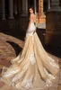 Crystal Design 2020 Bridal блокированного Рукав Jewel Шея Крупной Вышитые лиф съемная юбка Оболочка Свадебные платья Low Back Long Train