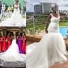 Plus Size Mermaid Bröllopsklänningar med band Sydafrikanska Tulle Sweep Train Bridal Gowns Sexig Backless Enkel Bröllop Vestidos