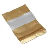 Guld 15x22 cm 50pcs / lot fönster aluminiumfolie stand-up dragkedja präglad packning påse för kaffebönor Folie mylar återanvändbara värme tätbara påsar