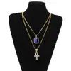 Hip Hop-Schmuck Ägyptische große Ankh-Schlüsselanhänger-Halsketten-Sets Mini-Quadrat-Rubin-Saphir mit Kreuz-Charm-Kubaner-Link für Herren Fash323U