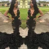 Robes de bal noires sirène décolleté transparent appliques manches longues robe de soirée africaine longue balayage train robes arabes robes de soirée 2017