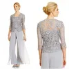 2020 Lace Silver Mother Of the Bride Groom Dresses With Pants Suits Long Sleeve Jacket Chiffon Beach Plus size Wedding Guest Party Gown