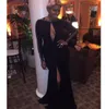 Michael Costello Black Mermaid Prom Dresses Long Sleeve Ruched Lace Beaded High Slit Sexy Evening Party Formal Gowns
