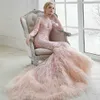 Luxury Pink Muslim Wedding Dresses Feather Long Sleeves Lace Applique Trumpet Bridal Gowns Sweep Train 2017 Wedding Dress