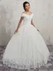 Vintage Lace Ball Gown Wedding Dresses Off Shoulder Lace-up Back Tulle ball and lace applique ball gown with bead embellished Bridal Gowns