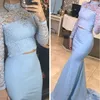 2020 Dwa Kawałki Syrenki Prom Dresses Wysokiej szyi Długie Rękawy 2 Sztuka Koronki Plus Size Light Sky Blue Party Dress Formalne Suknie Wieczorowe